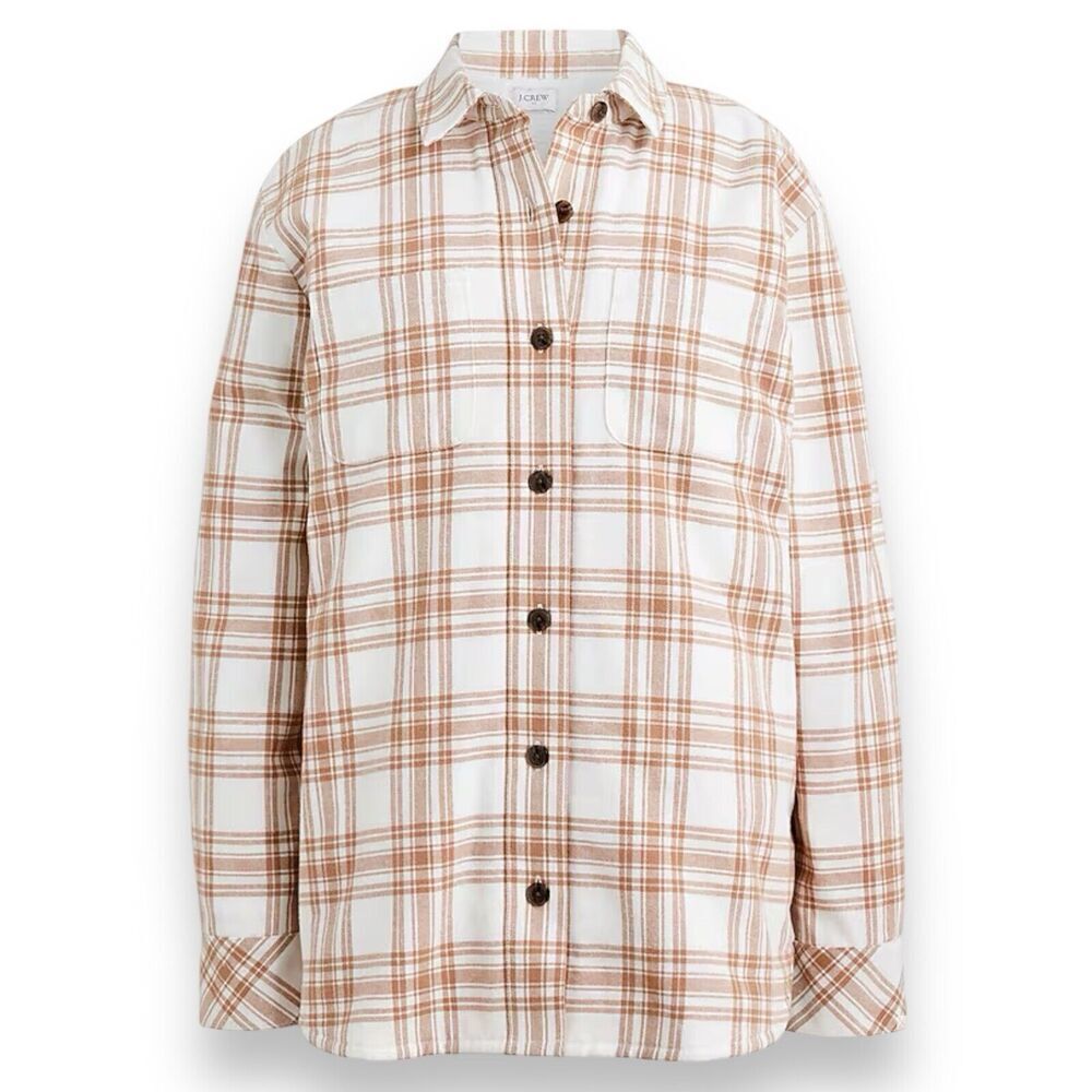 J Crew Shirt Jacket WMNS L Brown Sherpa-Lined Plaid BK434 Button Shacket Sienna